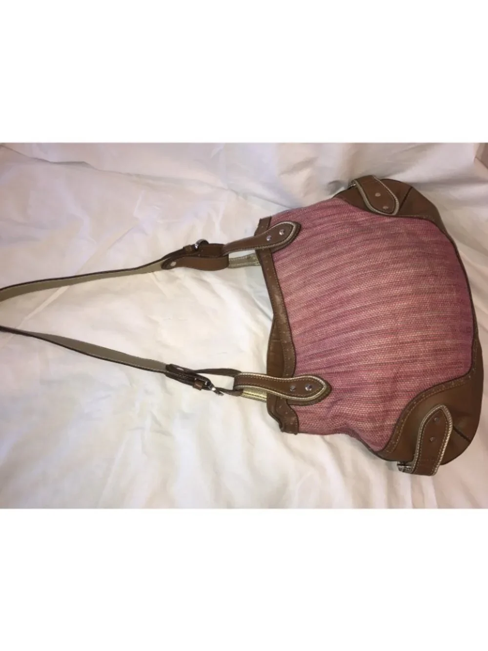 Stone Mountain Bay shore Fuchsia Cloth Tan Leather Trim Hobo Bag